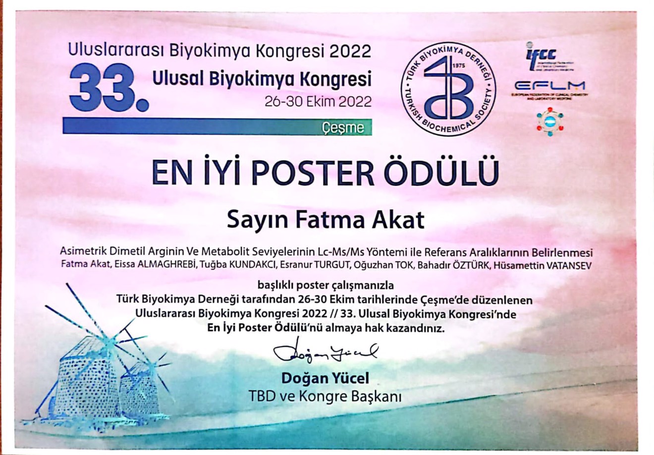 Tıbbi Biyokimya Anabilim Dalı Doktora öğrencimiz Fatma AKAT 33.Ulusal Biyokimya Kongresi'nde En İyi Poster Ödülü almıştır.