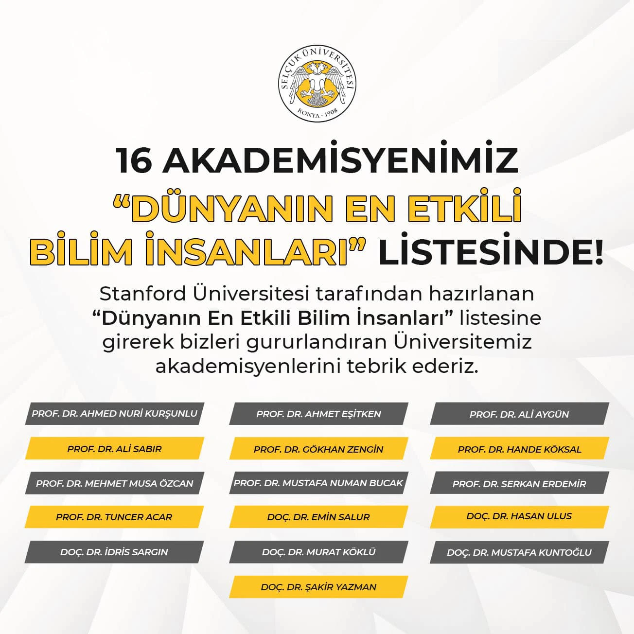 “Dünyanın En Etkili Bilim İnsanları” listesine giren Üniversitemiz akademisyenlerini tebrik eder, başarılarının devamını dileriz.