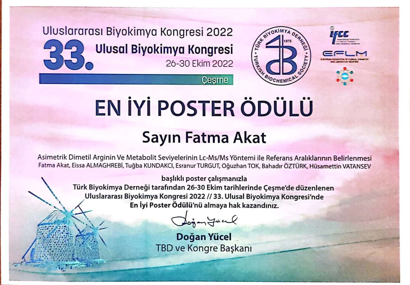 Tıbbi Biyokimya Anabilim Dalı Doktora öğrencimiz Fatma AKAT 33.Ulusal Biyokimya Kongresi'nde En İyi Poster Ödülü almıştır.