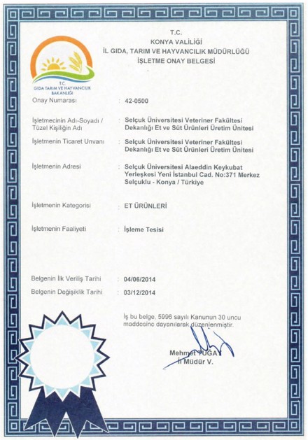 Et Ürünleri İşleme Belgesi