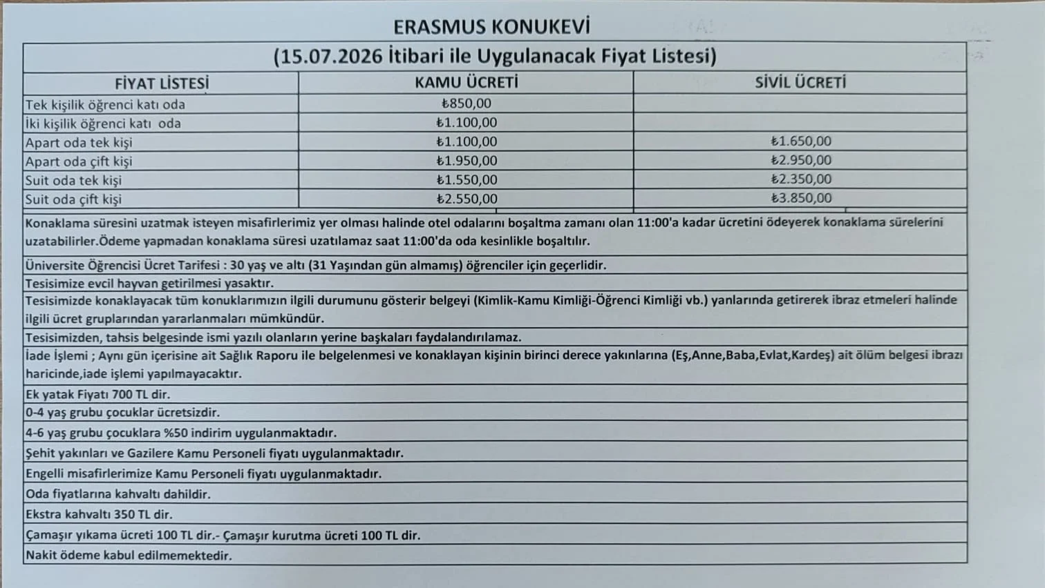 SELÇUK ÜNİVERSİTESİ Erasmus Konukevi Fiyat Listesi