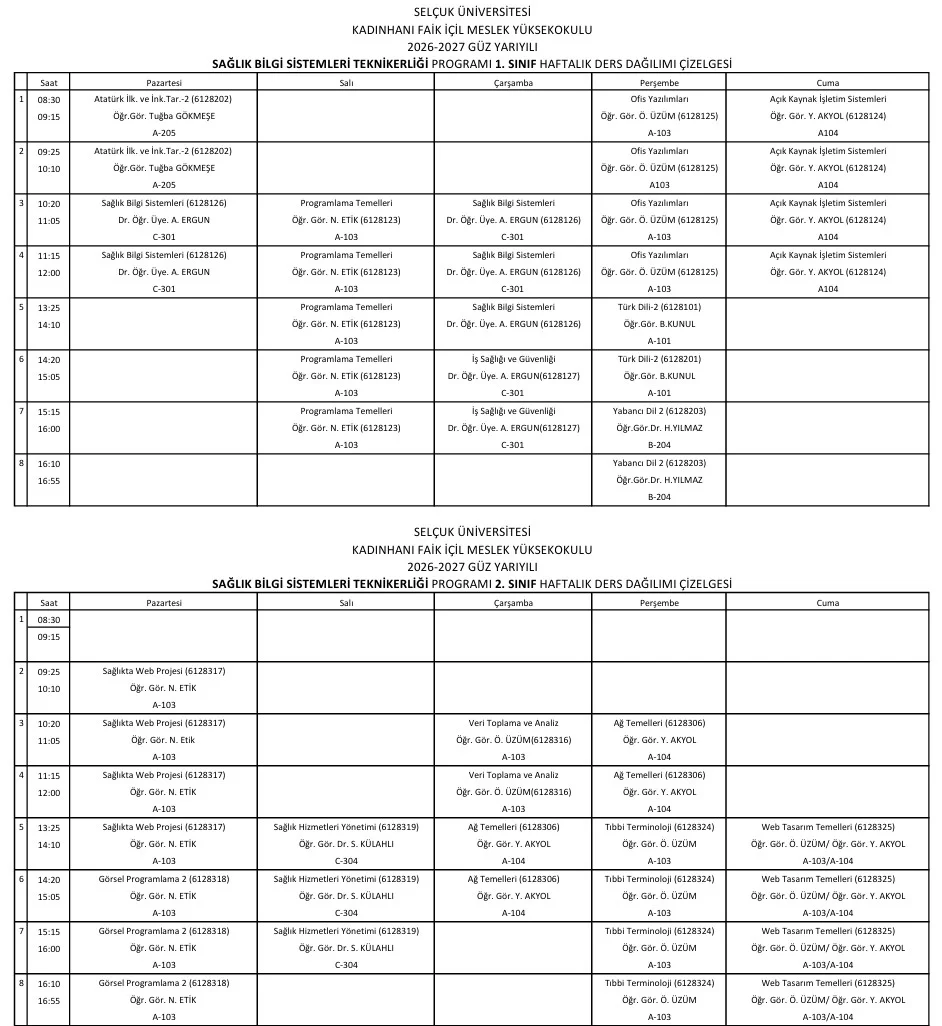Haftalık ders programı 2026-2027