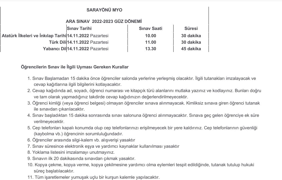 Ortak Zorunlu Derslerin Ara Sınav Tarihi ve Saatleri