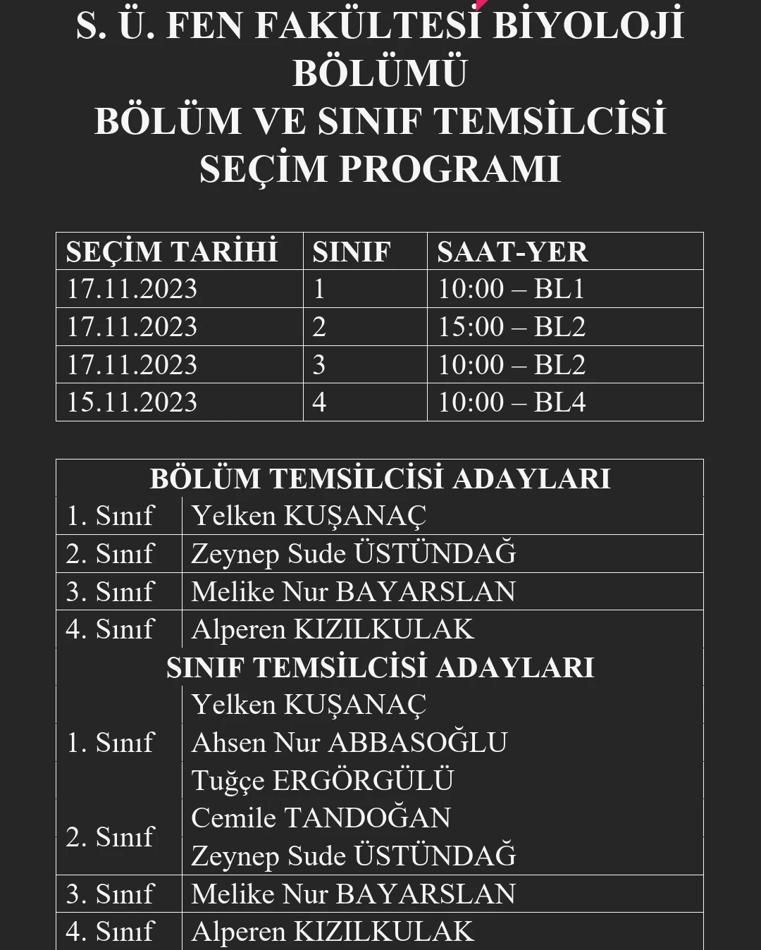 Sınıf Temsilcileri Ve Bölüm Temsilcisi Seçimi için Adaylar ve Seçim saatleri hk.