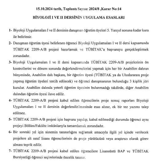 Biyoloji Uygulamaları I ve II dersleri ile ilgili karar