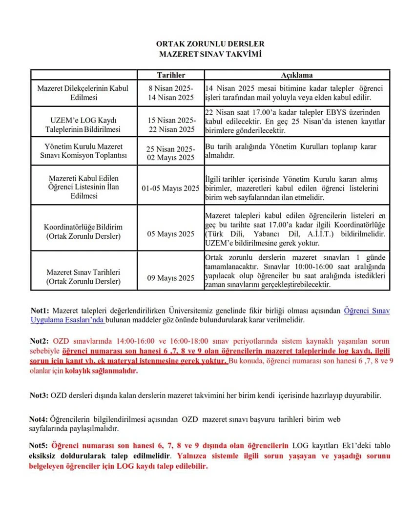 Ortak Zorunlu Derslerin  Vize Mazeret Sınav  Takvimi 