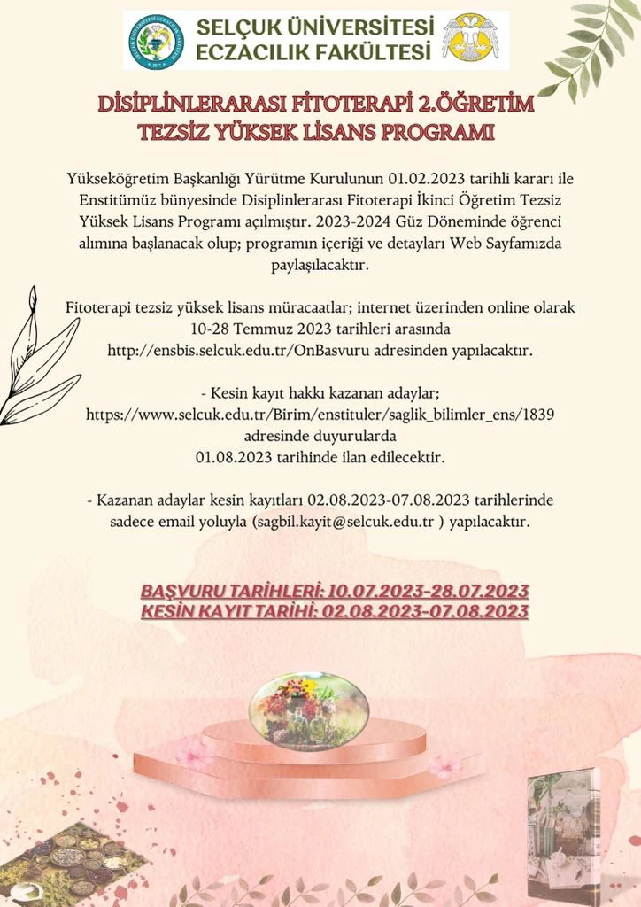Disiplinlerarası Fitoterapi 2.Ögretim Tezsiz Yüksek Lisans Programı Hk.