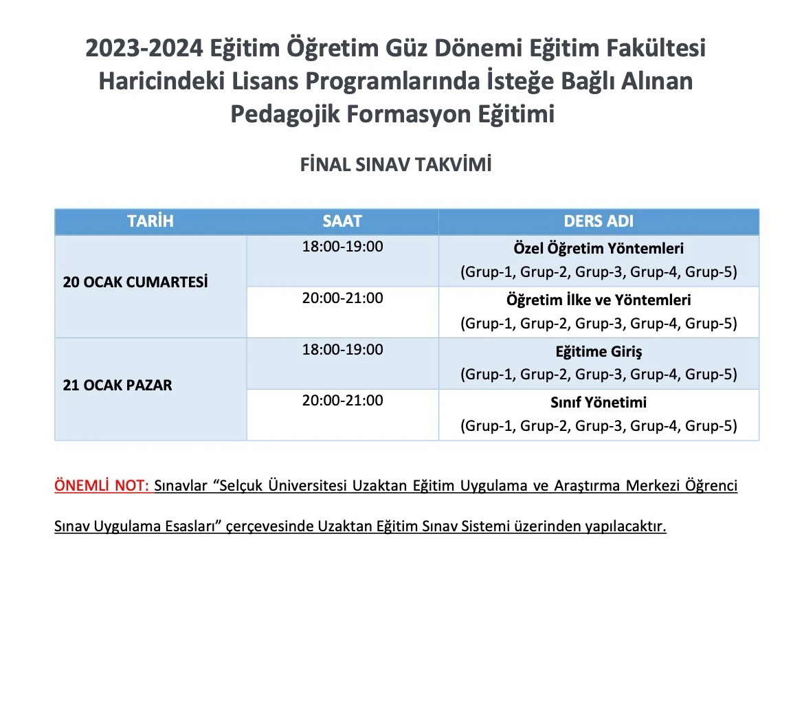 2023-2024 Eğitim Öğretim Güz Dönemi Eğitim Fakültesi Haricindeki Lisans Programlarında İsteğe Bağlı Alınan Pedagojik Formasyon Eğitimi FİNAL SINAV TAKVİMİ